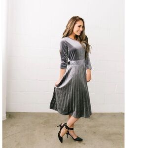 Perfectly Pleated Platinum Velvet Midi Dress